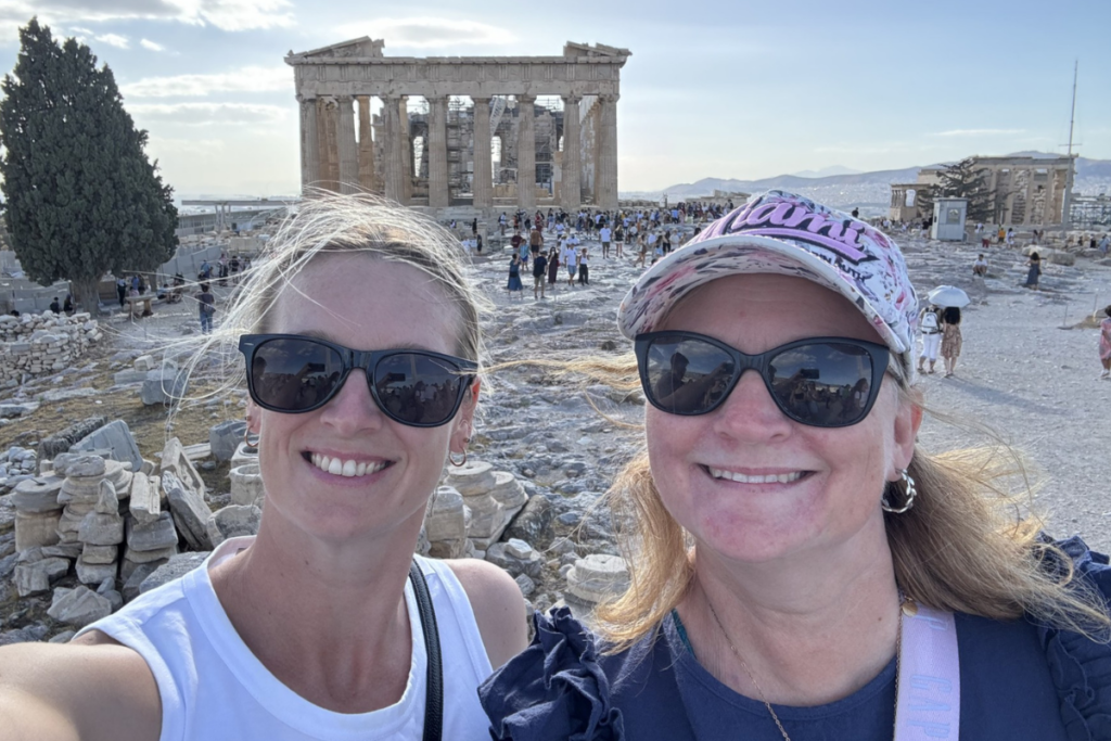 Kerri (right) with her friend in Greece