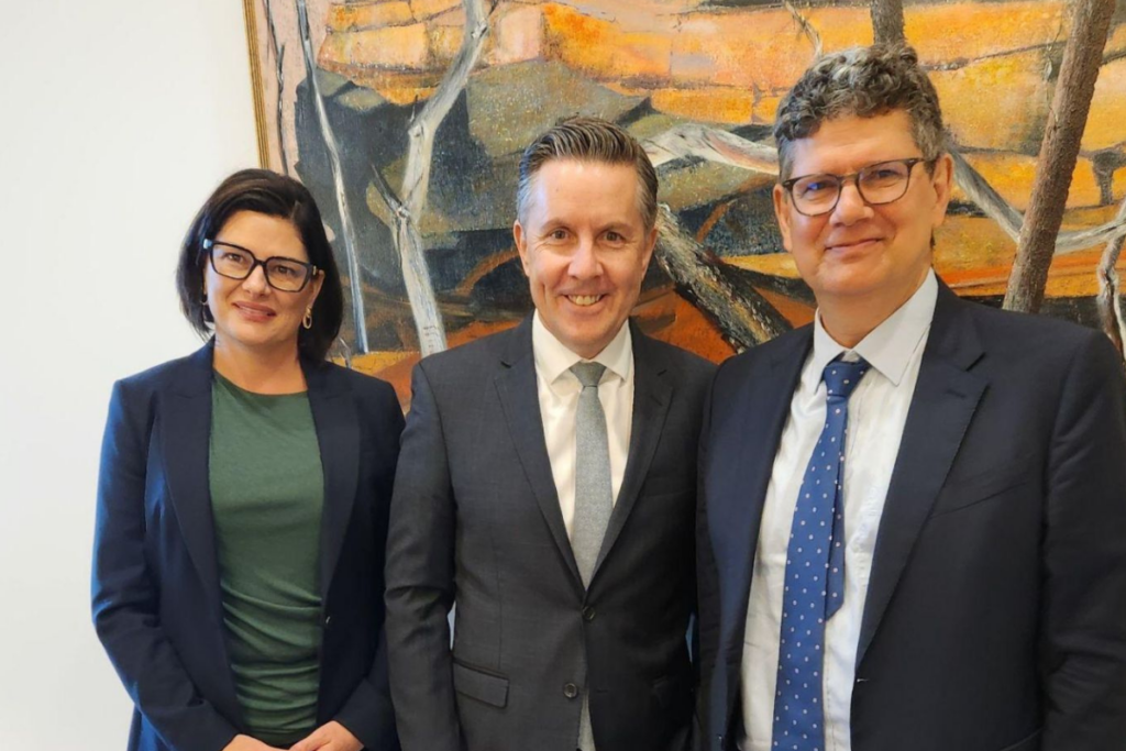 Rare Cancers Australia CEO Christine Cockburn, Federal Health Minister Mark Butler and Omico Chief Science and Strategy Officer Professor David Thomas