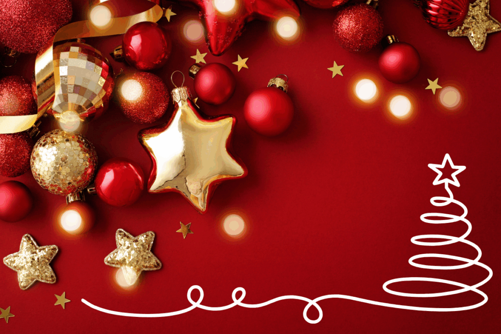 Assorted festive decorations and line drawing of Christmas tree